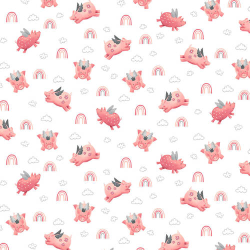 Porkopolis Flying Pigs and Rainbows White Diane Eichler Studio E Cotton Fabric