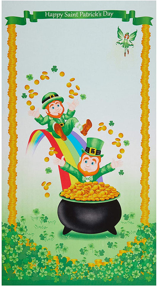 Hello Lucky Leprechaun Panel 24" Green Andrea Tacheira Henry Glass Cotton Fabric