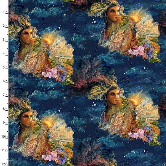 Power of the Elements Goddess Sun Allover Blue Josephine Wall 3 Wishes Cotton Fabric