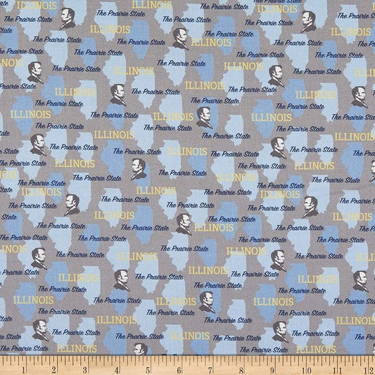 State Pride Illinois State Grey Blue Whistler Studios Windham Cotton Fabric