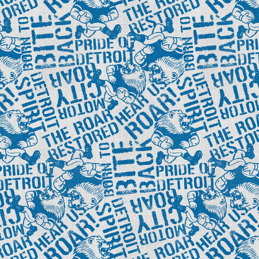Pride of Detroit Lion Distressed Word Toss Blue Grey Paintbrush Studios Cotton Fabric PBS-120-26575