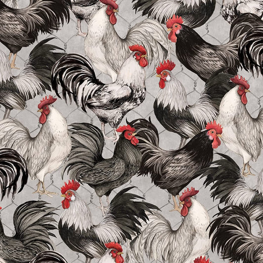 Proud Rooster Packed Roosters Gray Susan Winget Wilmington Prints Cotton Fabric