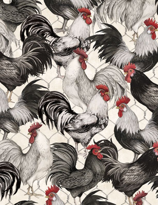 Proud Rooster Packed Roosters Ivory Susan Winget Wilmington Prints Cotton Fabric