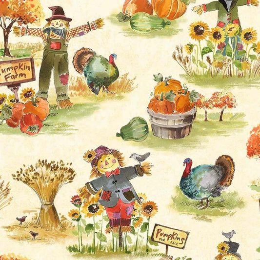 Pumpkin Farm Scarecrows Cream Michael Miller Cotton Fabric