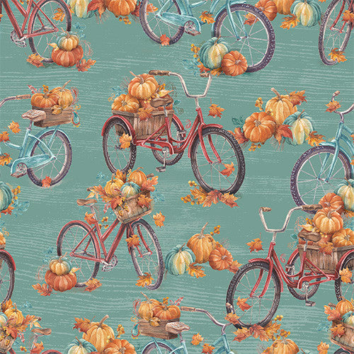 Pumpkin Please Fall Bikes Turquoise Courtney Morgenstern 3 Wishes Cotton Fabric