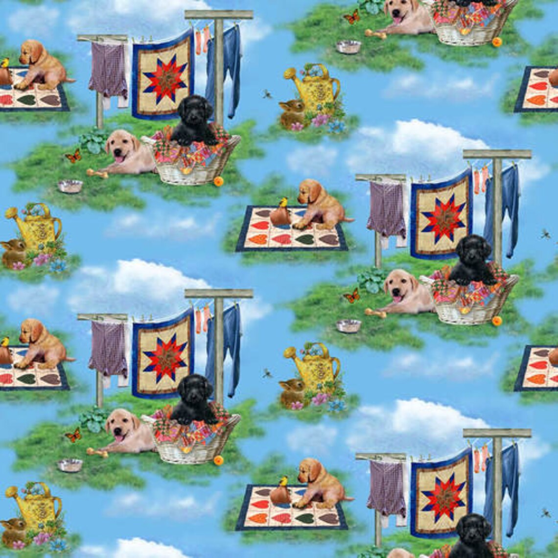 Pups the Garden Puppies Outdoor Blue Bob Giordano Henry Glass Cotton Fabric