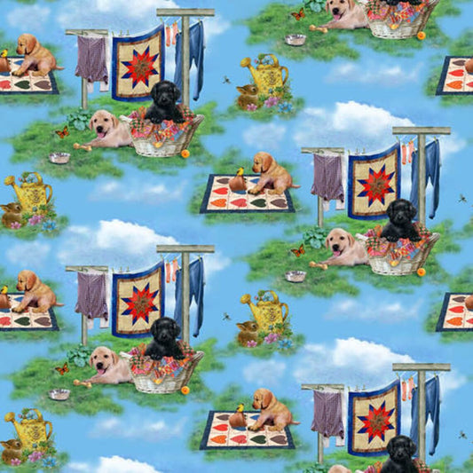 Pups the Garden Puppies Outdoor Blue Bob Giordano Henry Glass Cotton Fabric