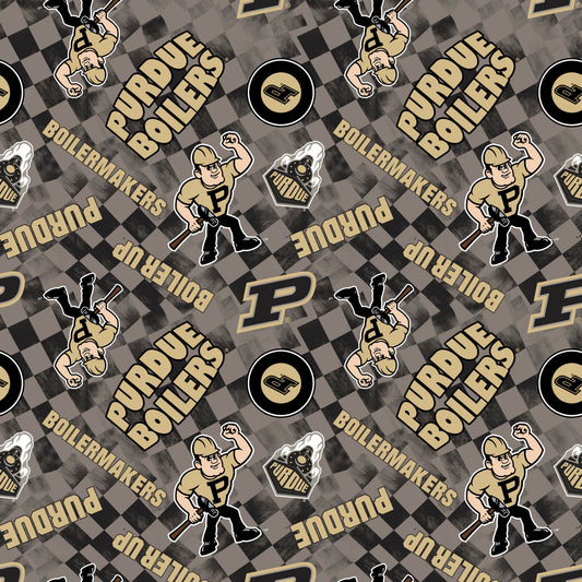 Purdue Boilemakers NCAA College Checks Gray Sykel Enterprises Canvas Duck Cloth Cotton Fabric PU-1380-GRAY