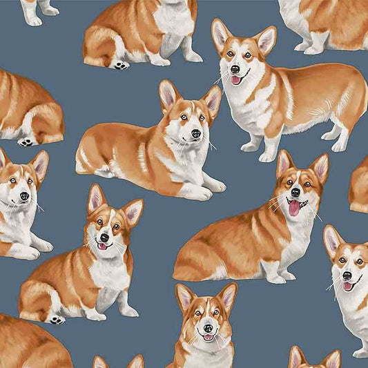 Purebred Corgi Dogs Grey George McCartney Timeless Treasures Cotton Fabric