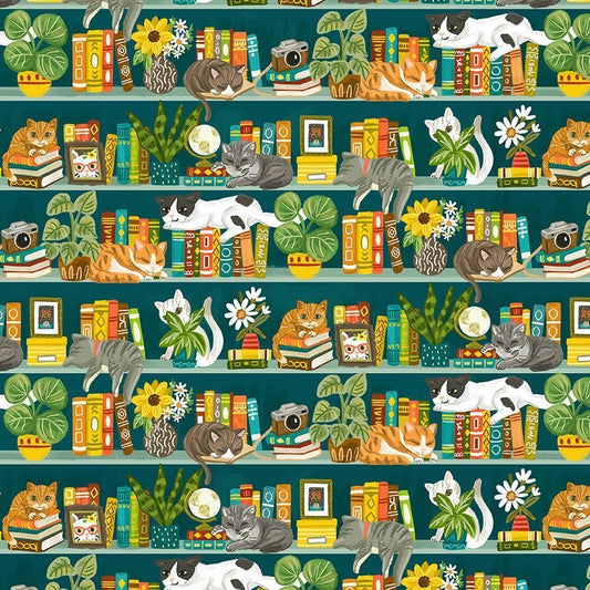 Purrfect Life Cat Bookshelf Multi Olivia Gibbs Timeless Treasures Cotton Fabric