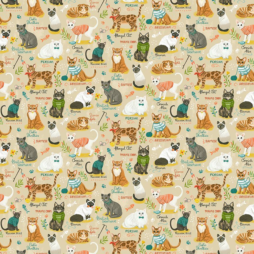 Purrfect Life Cat Breeds Chart Beige Olivia Gibbs Timeless Treasures Cotton Fabric