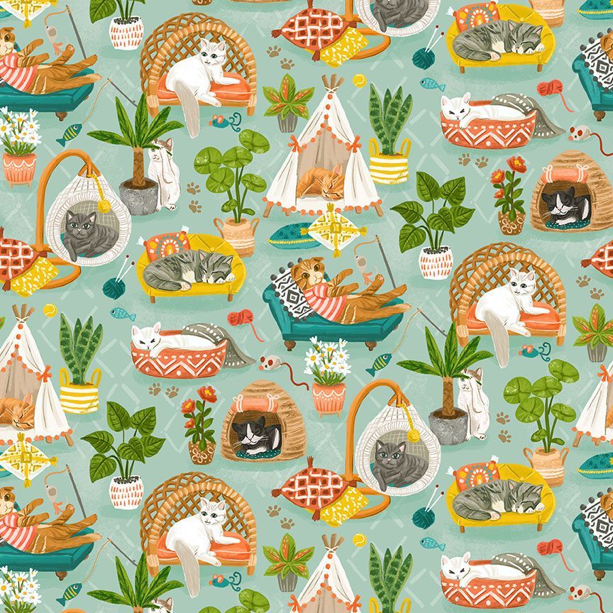 Purrfect Life Napping Cats Multi Olivia Gibbs Timeless Treasures Cotton Fabric | US Fabric Shop