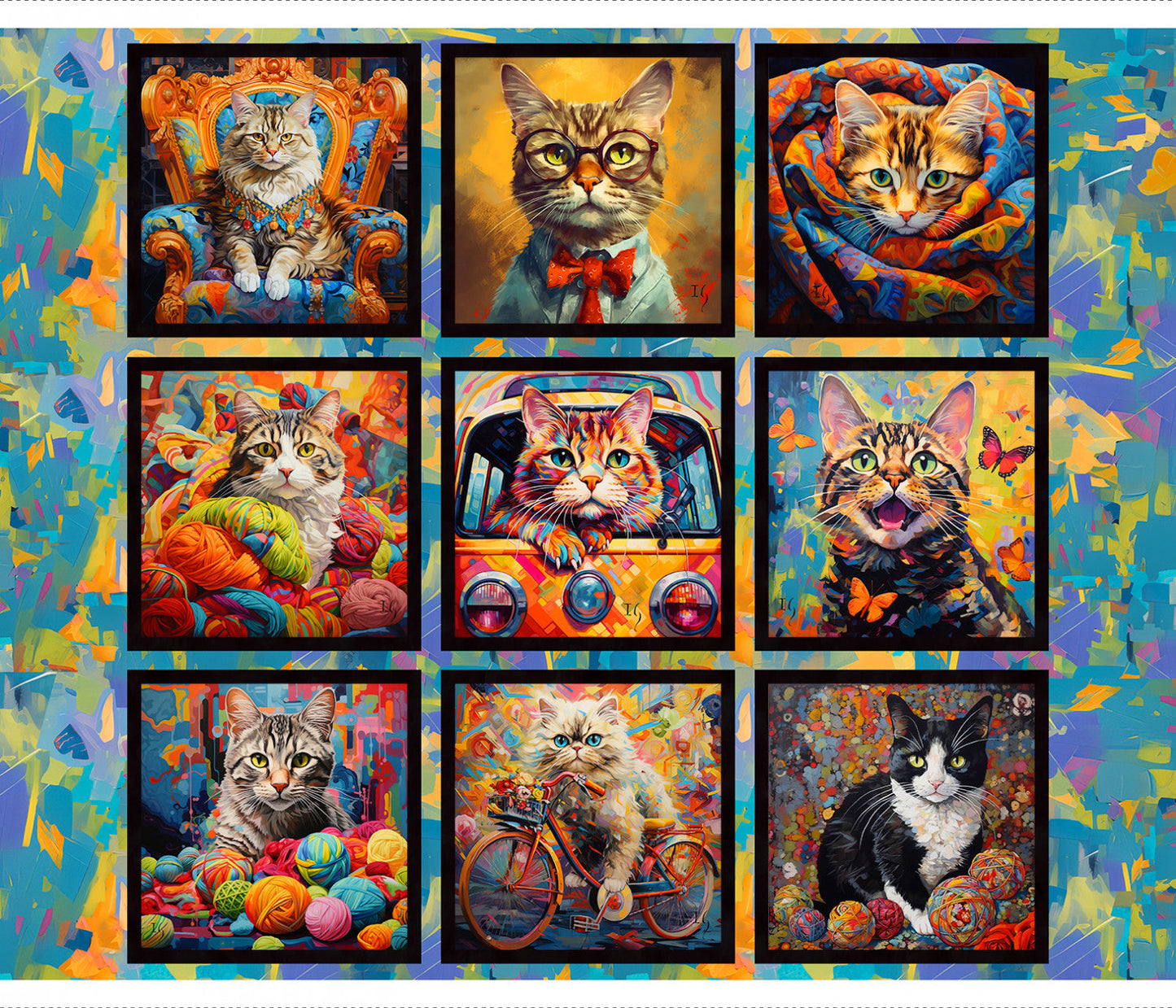 Purrfectly Playful Cat Block Panel 36" Ivan Guaderrama 3 Wishes Cotton Fabric 3W-22969-PNL