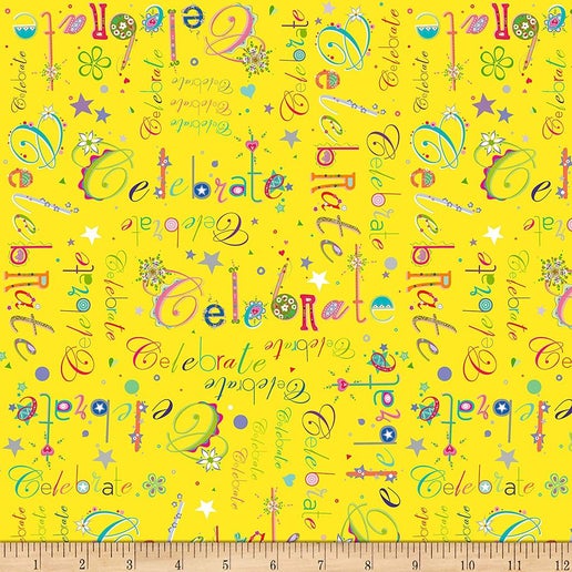 Let's Celebrate Words Yellow Quilting Treasures Cotton Fabric