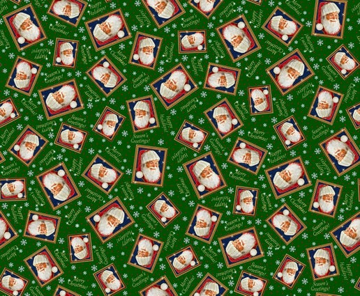 Santa's List Tossed Santa Frames Dark Forest Green Quilting Treasures Cotton Fabric