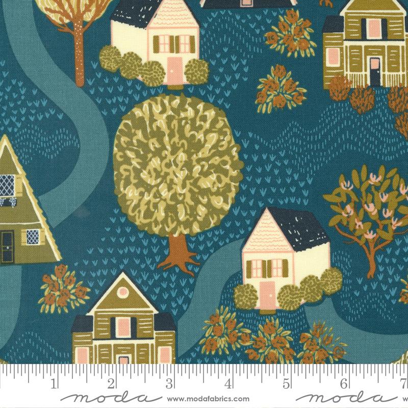 Quaint Cottage Street View Novelty Houses Lake Turquoise Blue Gingiber Moda Cotton Fabric | US Fabric Shop