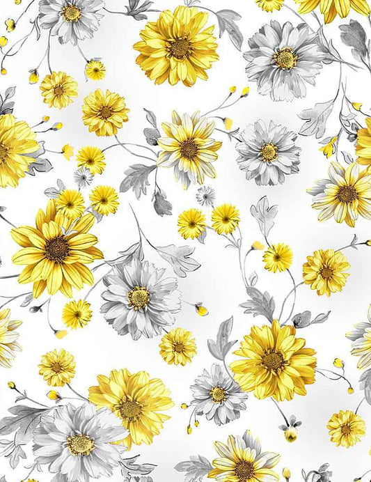 Queen Bee Tossed Sunflowers Grey Timeless Treasures Cotton Fabric