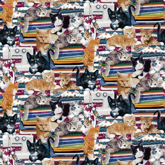 Quilted Kitties Packed Kitties and Fabrics Midnight Blue Robert Giordano Henry Glass Cotton Fabric