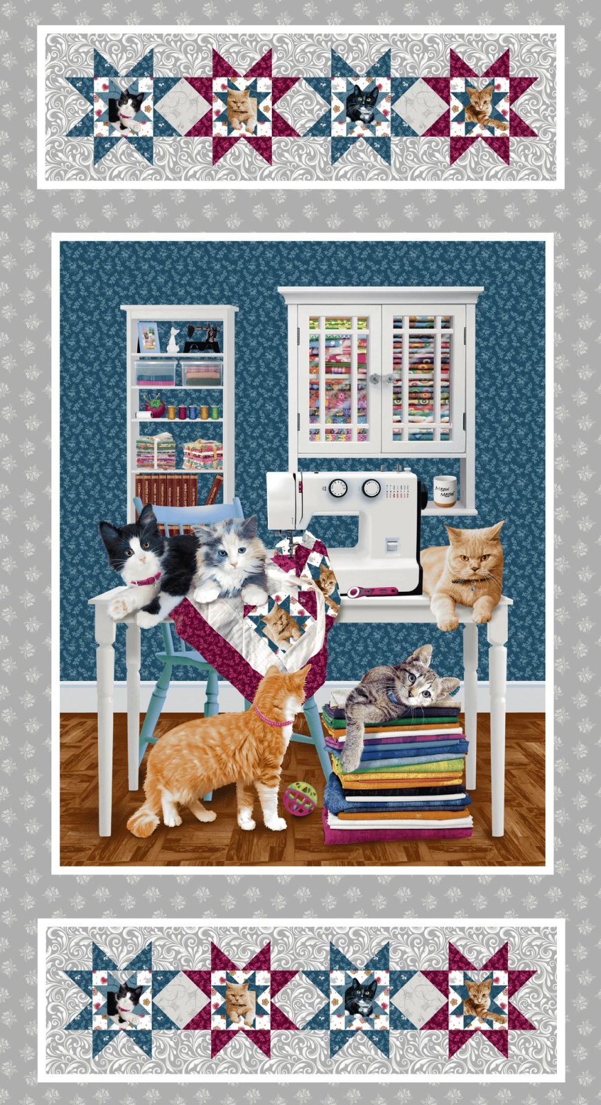 Quilted Kitties Panel 24" Grainy Robert Giordano Henry Glass Cotton Fabric