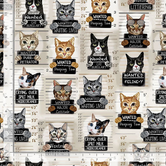 Quirky Cats Mugshot Allover Beige Gail Cadden Timeless Treasures Cotton Fabric