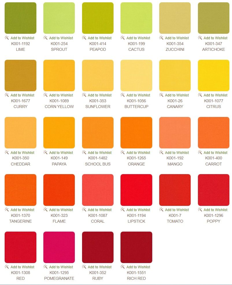 Kona Cotton Christa Watson Designer Palette Roll-up 2.5" Strips 40pcs Orange Yellow Green Robert Kaufman Cotton Fabric RK-RU-485-40