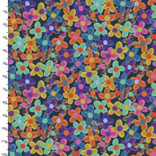 Rainbow Rhythm Retro Flowers Navy Lisa Perry 3 Wishes Cotton Fabric