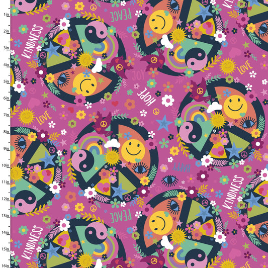 Rainbow Rhythm Swirling Peace Magenta Lisa Perry 3 Wishes Cotton Fabric