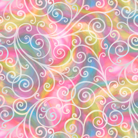 Rainbow Rose Scroll Pink Multi Carol Cavalaris Quilting Treasures Cotton Fabric