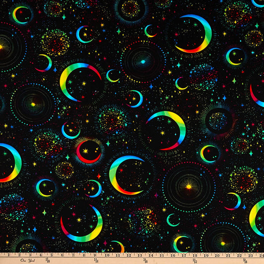 Rainbow Moon & Stars Science & Space Black Timeless Treasures Cotton Fabric