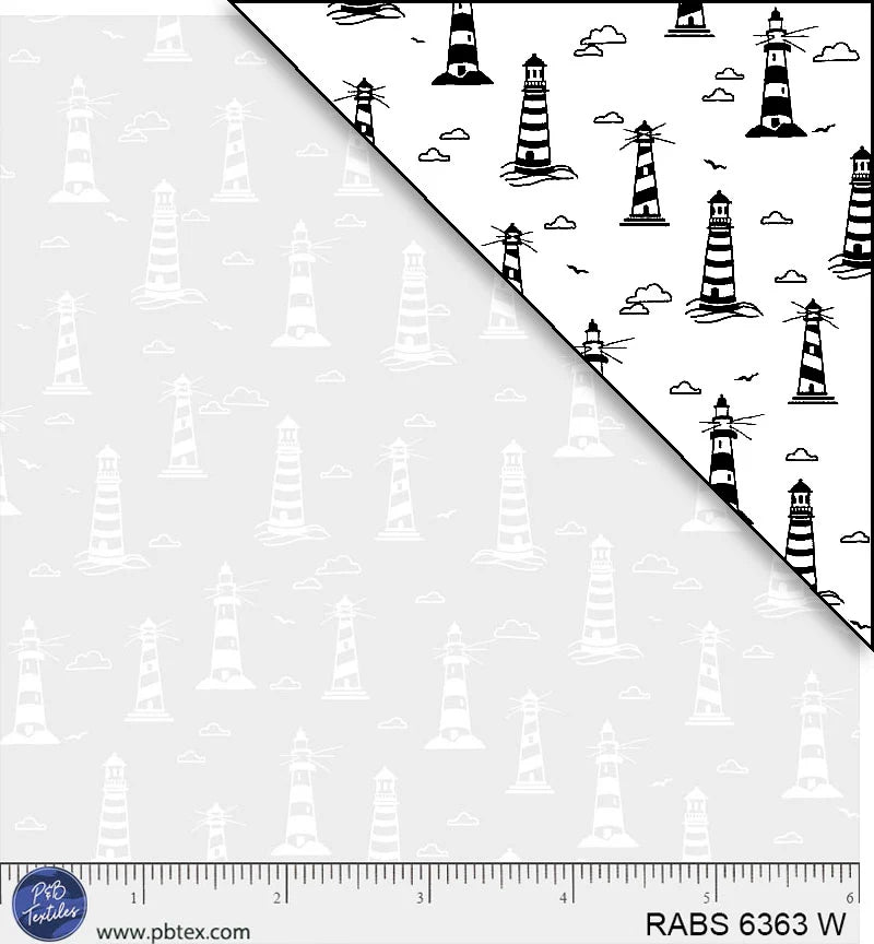 Ramblings by the Sea Nautical Lighthouses White on White P&B Textiles Cotton Fabric PB-RABS6363W