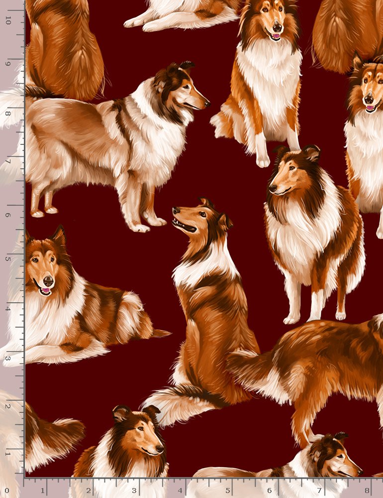 Realistic Collies Dogs Maroon George McCartney Timeless Treasures Cotton Fabric