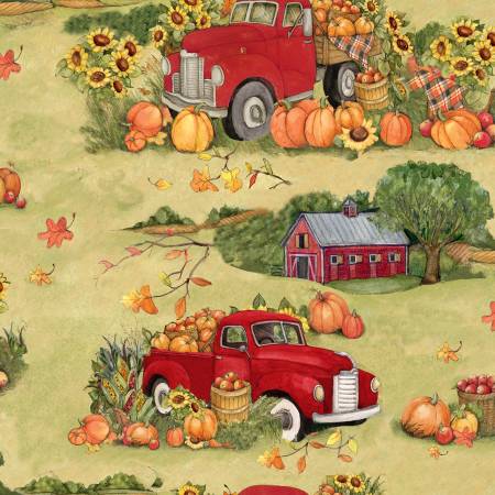 Red Harvest Truck Fall Pumpkinins Sunflower Green Springs Creative Cotton Fabric