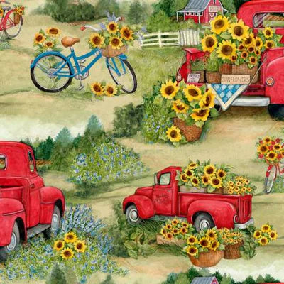 Red Truck Bicycles and Sunflowers Springs Creative Cotton Fabric