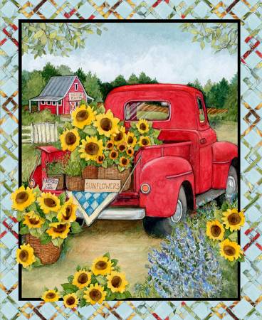 Red Truck & Sunflowers Panel 36” Springs Creative Cotton Fabric