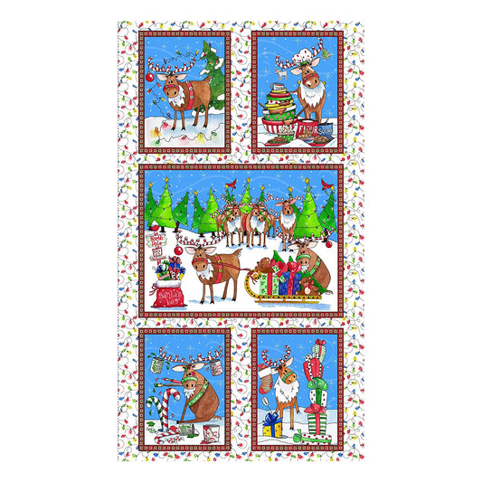 Reindeer Antics Christmas Panel 24" White Quilting Treasures Cotton Fabric