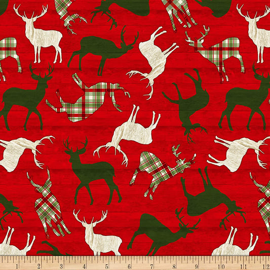 Reindeer Comfort & Joy Tossed Reindeer Wood Red Timeless Treasures Cotton Fabric