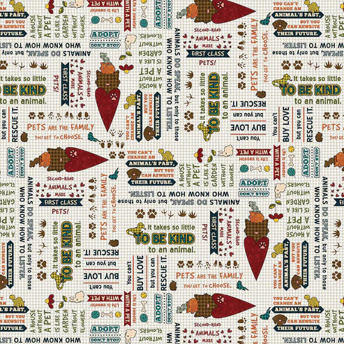Rescued and Loved Words Allover Stone Grey Henry Glass Cotton Fabric