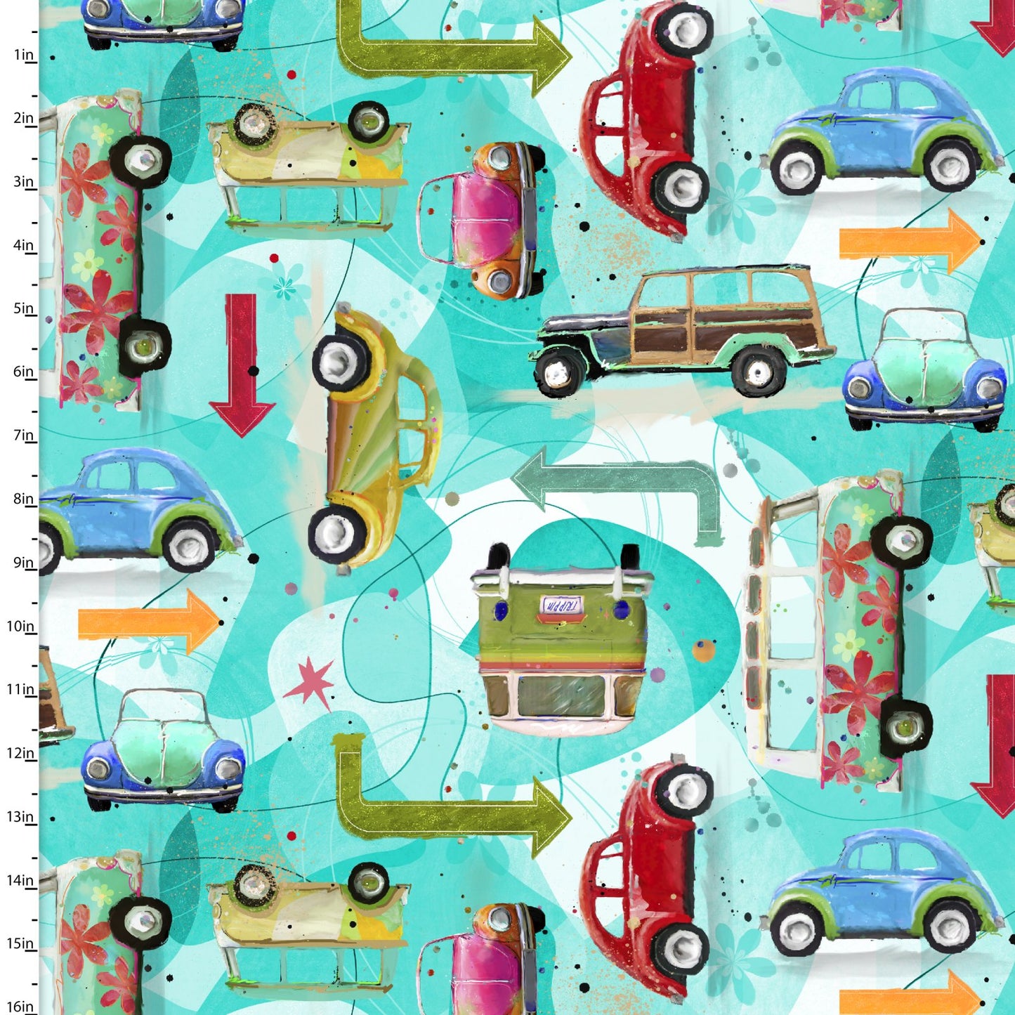 Road Trippin Keep Truckin Turquoise Connie Haley 3 Wishes Cotton Fabric