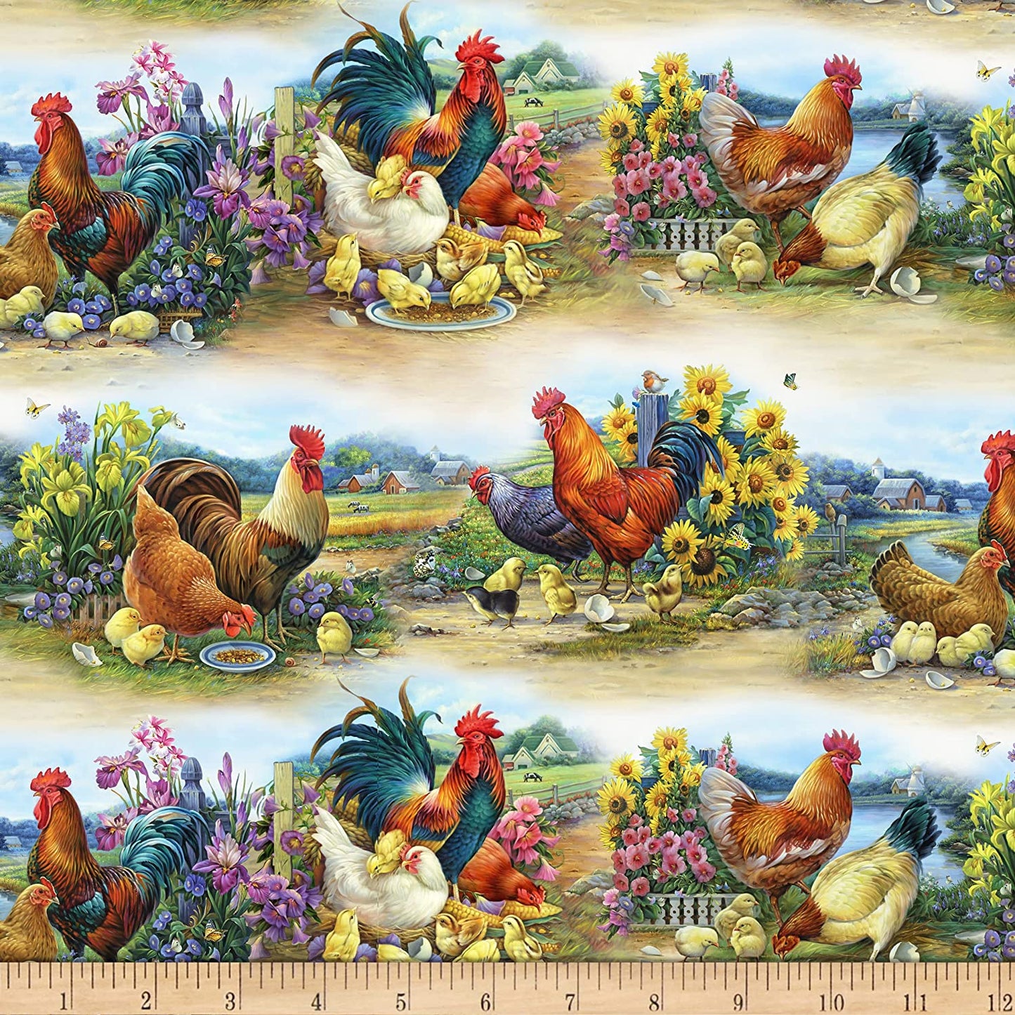 Rooster Chicken Joyful Countryside Border Stripe Elizabeth's Studio Cotton Fabric