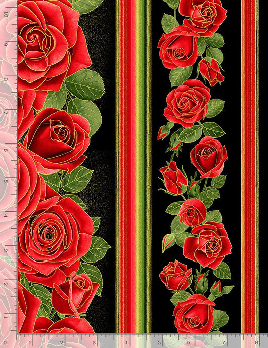 Rose Gilded Red Metallic Rose 11 inch Stripe Black Chong-A Hwang Timeless Treasures Cotton Fabric