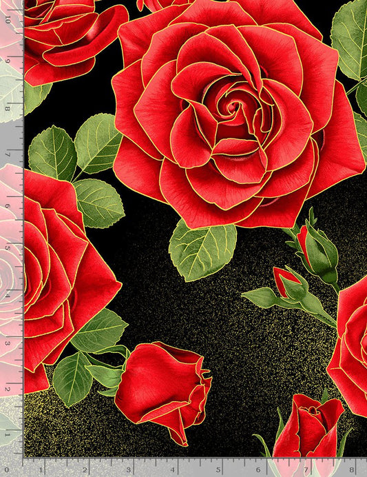 Rose Gilded Red Metallic Roses Large Black Chong-A Hwang Timeless Treasures Cotton Fabric