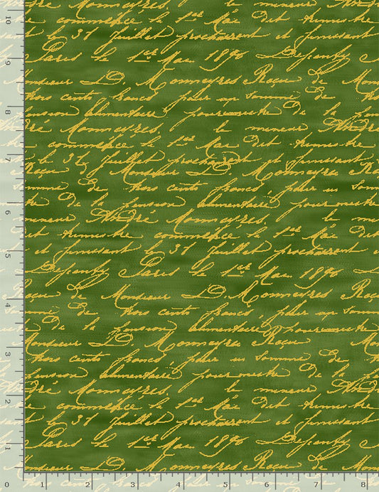 Rose Gilded Rose Script Metallic Green Chong-A Hwang Timeless Treasures Cotton Fabric