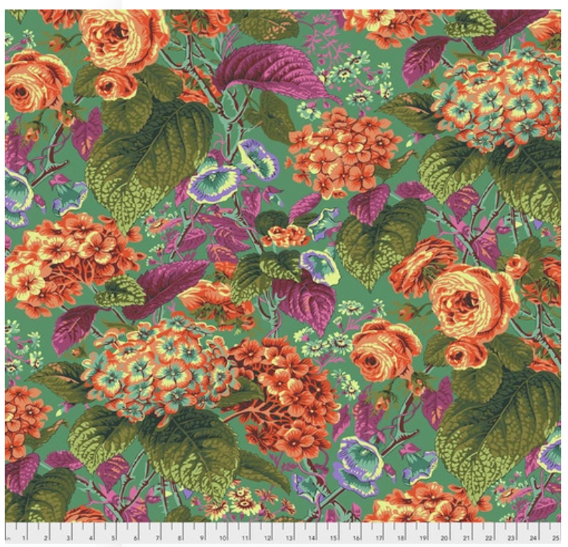 Rose and Hydrangea Green Philip Jacobs Stash Kaffe Fassett Collective Free Spirit Cotton Fabric