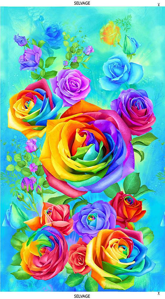 Rose Rainbow Rose Panel 24" Aqua Blue Chong-A-Hwang Timeless Treasures Cotton Fabric