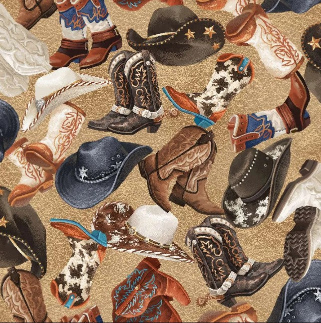 Round Up Hats & Boots Tan Oasis Fabrics Cotton Fabric OA-597901