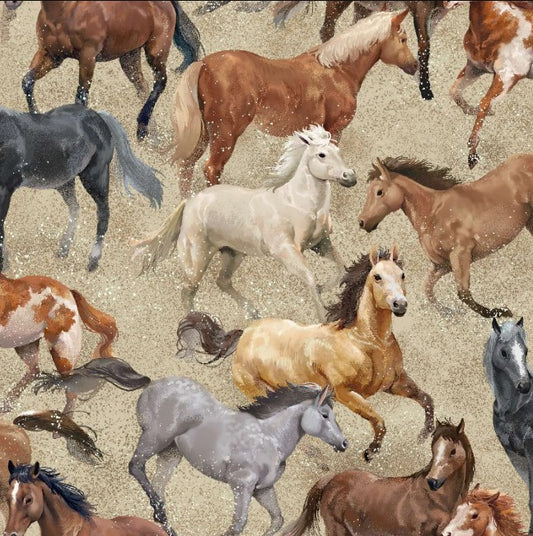 Round Up Horses Beige Oasis Fabrics Cotton Fabric OA-597921