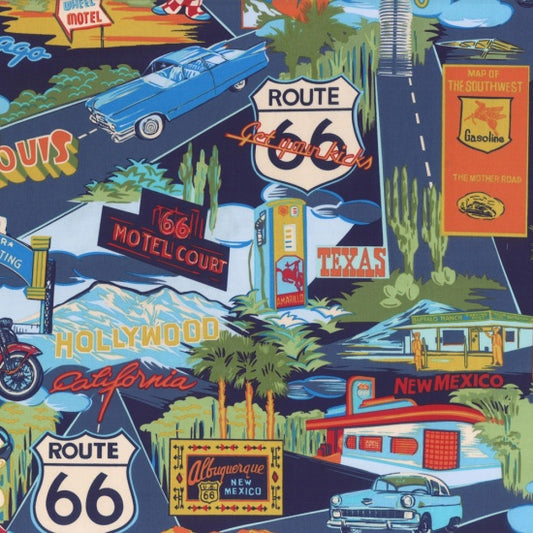 Route 66 Tropicals & Conversationals Vintage Car Allover Navy Blue Hoffman Cotton Fabric