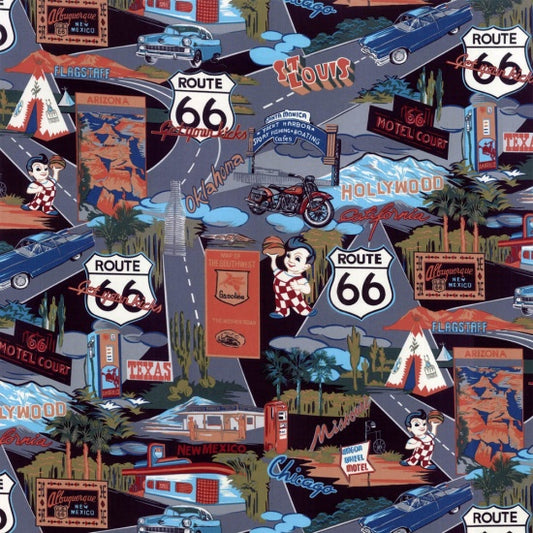 Route 66 Tropicals & Conversationals Vintage Car Road Signs Black Hoffman Cotton Fabric