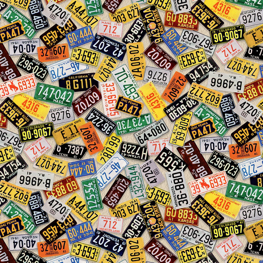 Route 66 Commemorative License Plate Toss Ecru White Cream Curtis Licensing P&B Textiles Cotton Fabric PB-RCCO-6014-E