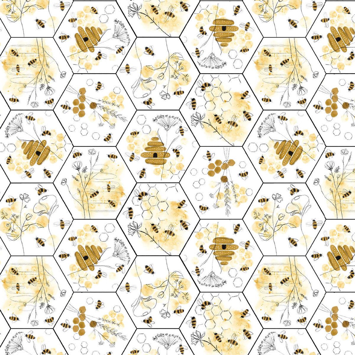 Royal Jelly Bees & Floral Large Honeycomb Ivory Jane Archer Blank Quilting Fabric Cotton Fabric